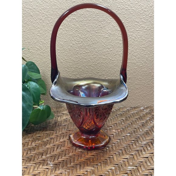 Vintage Indiana Carnival Glass Footed  Basket Iridescent Heirloom Sunset - Picture 1 of 10